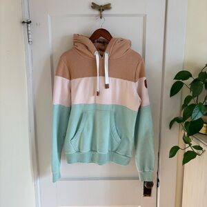 Wanakome Colorblock Hoodie in Tan, Blush Pink & Mint - Large
